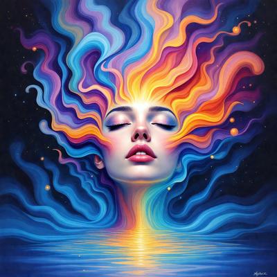 The primary subject of the image is a woman with a colorful, flowing mane. She is looking upwards, possibly towards the sun. The setting is a vibrant, colorful background that complements the woman's hair. The visual style is a digital art or illustration, with a focus on the woman's hair and the surrounding colors. The colors and mood of the image are lively and energetic, with a sense of freedom and creativity.